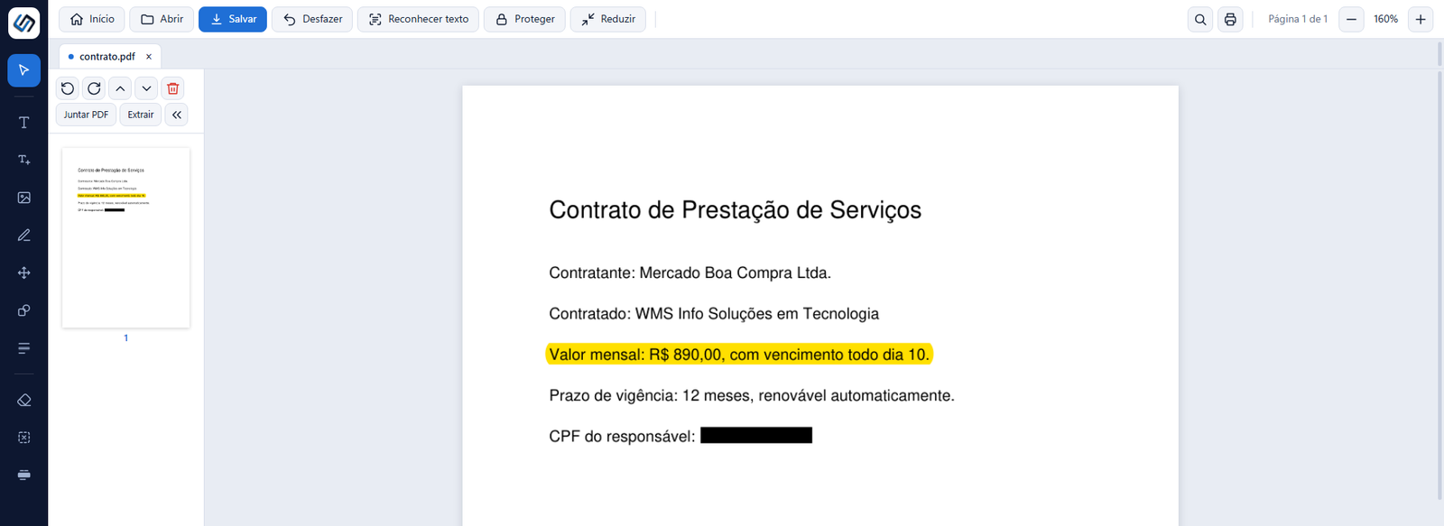 Tela do WmsPdf com um contrato aberto, trecho destacado em amarelo e CPF tarjado